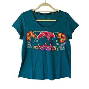 Soft Surroundings tee Petite Small PS Teal Embroidered Love Scoop neck Women top
